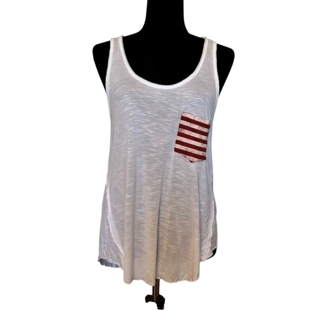 Miss Chievous Womens White Slub Knit Tank Top Striped Pocket Size M NWT